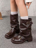 Style With Tops,Women's Black Fashion Ankle Boots, New Design With Buckle, European And American Niche Market, Chunky Heel Thick Sole, Lightweight, Western-Style Wrinkle Boots For Fall/Winter, Retro Motorcycle Boots, Brown Color, Slim Fit