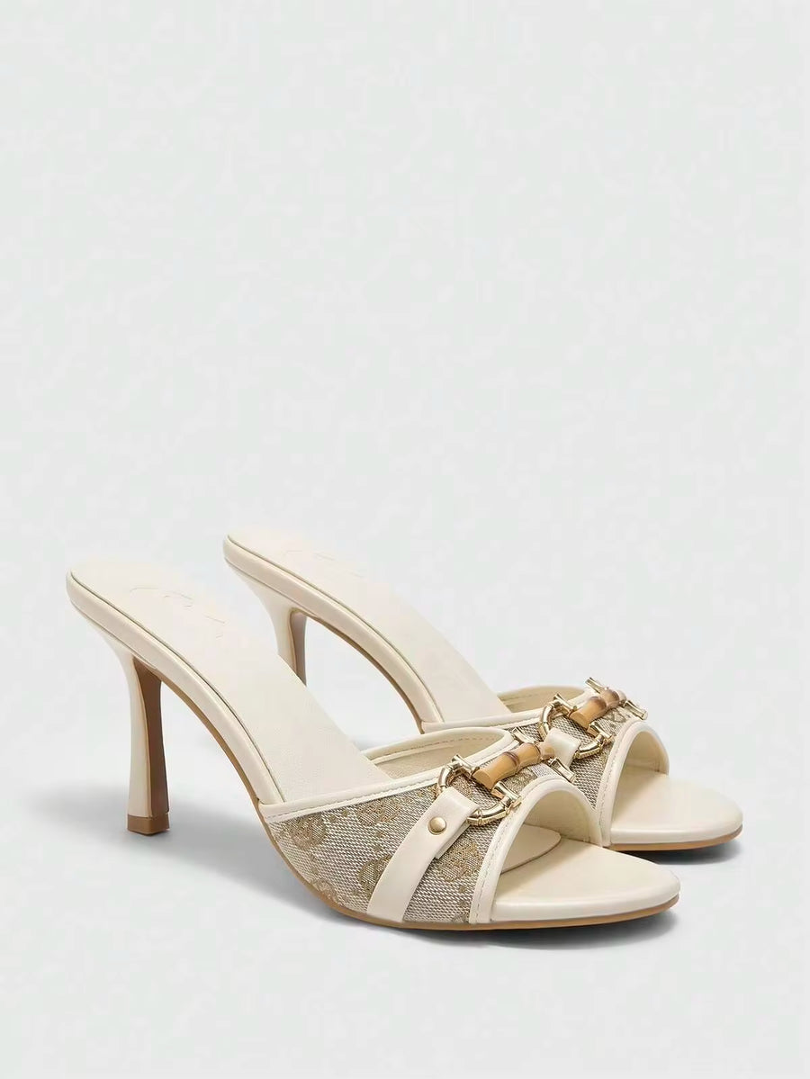 CUCCOO BIZCHIC Women Beige PU Mixed With Gold Buckle Decor Retro Fashion 8.8CM High Heel Pointed Toe Mule High Heel Sandals For Christmas Spring Shoes Summer Shoes
