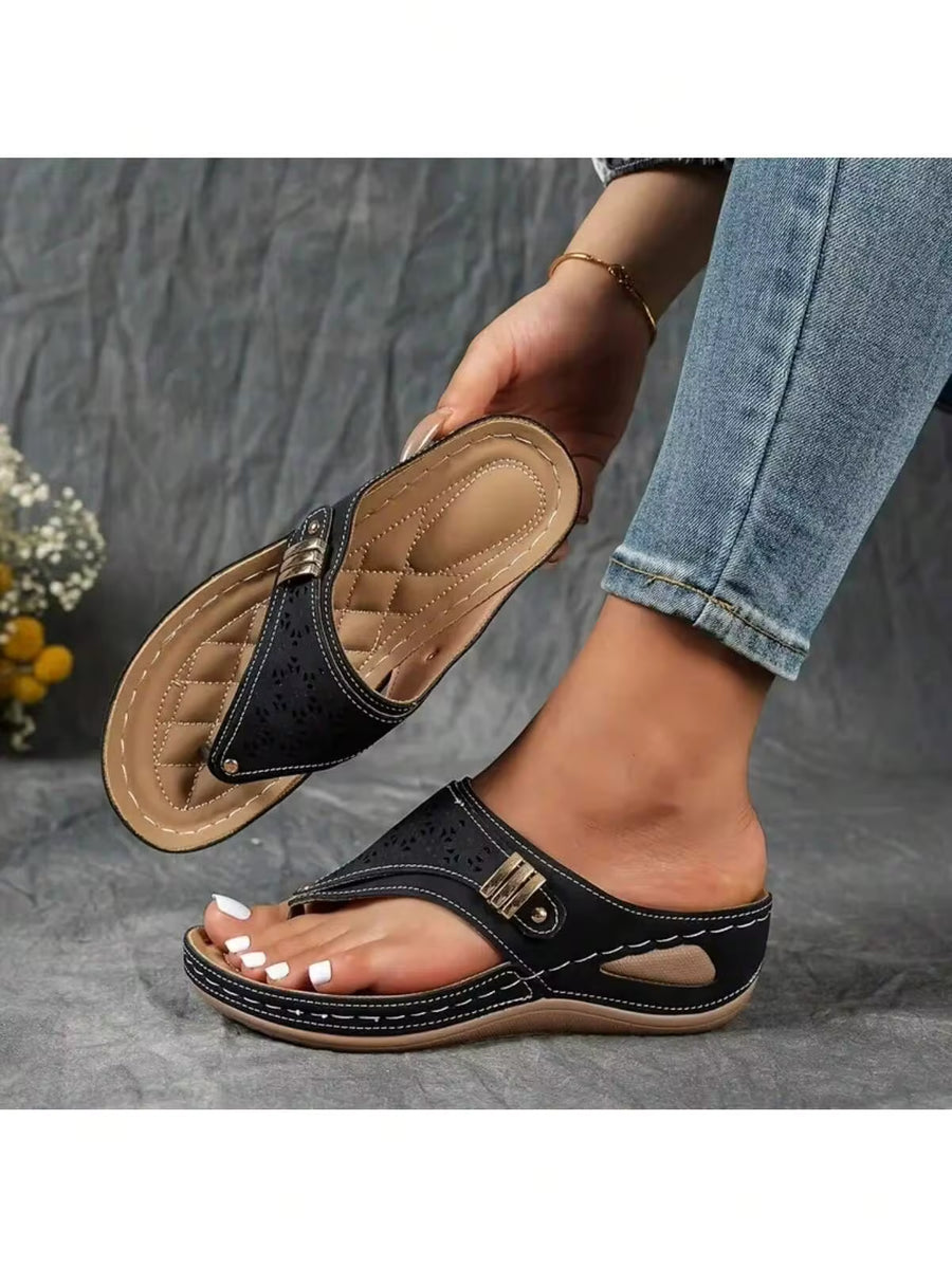 2025 New Women's Wedge Flip Flops - Breathable Hollow Open Toe And Flip-Flop Design, Lightweight Synthetic Material Upper Sandals, Equipped With